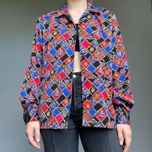 Vintage 90s Women's Pendleton Button Down Blue Red Equestrian Blouse Sz 16 - Picture 1 of 10